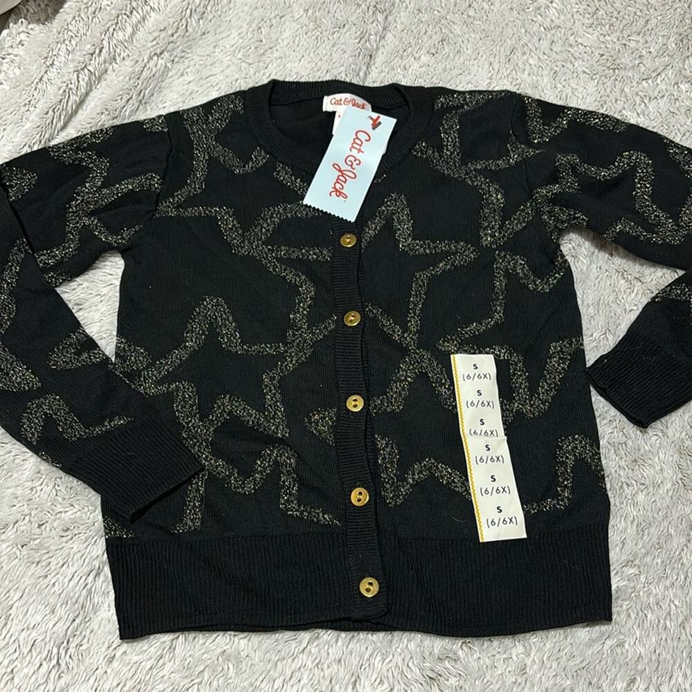 Cat & Jack S 6/6x black gold stars cardigan gold buttons Christmas NWT
